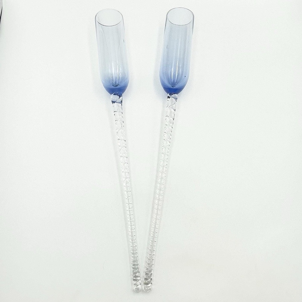 Vintage Hand Blown Blue Art Glass Long Stem Champagne Sippers Pair 17" MCM